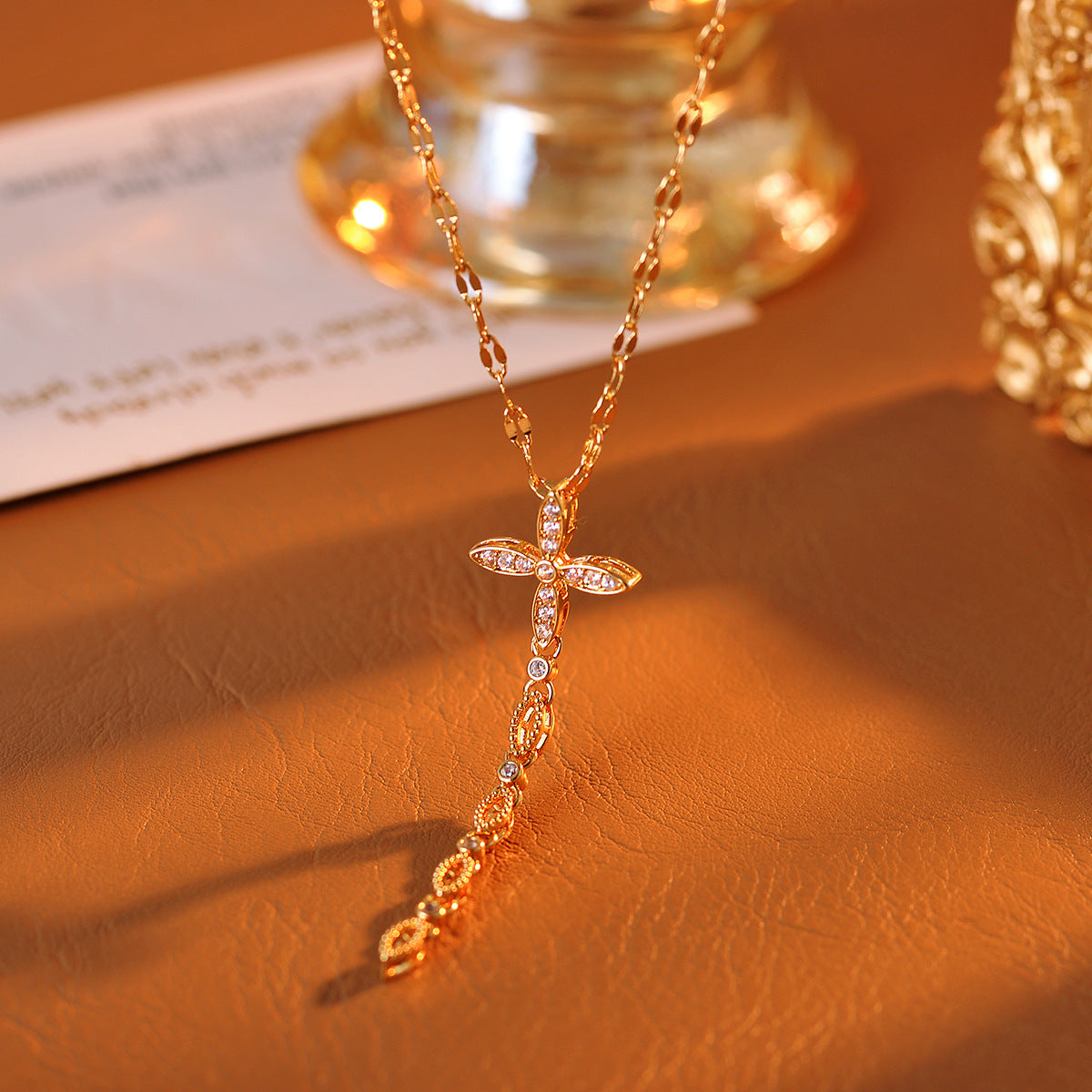 Necklace Real Gold Plated Gold Tassel Full Diamond Women's High-end Cross Pendant Clavicle Chain