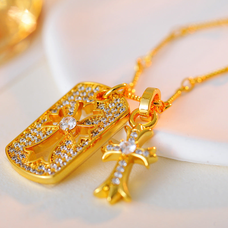 Crowe Full Diamond Double Cross Necklace European and American Trend Retro Inlaid Jewelry Unisex Collarbone Chain