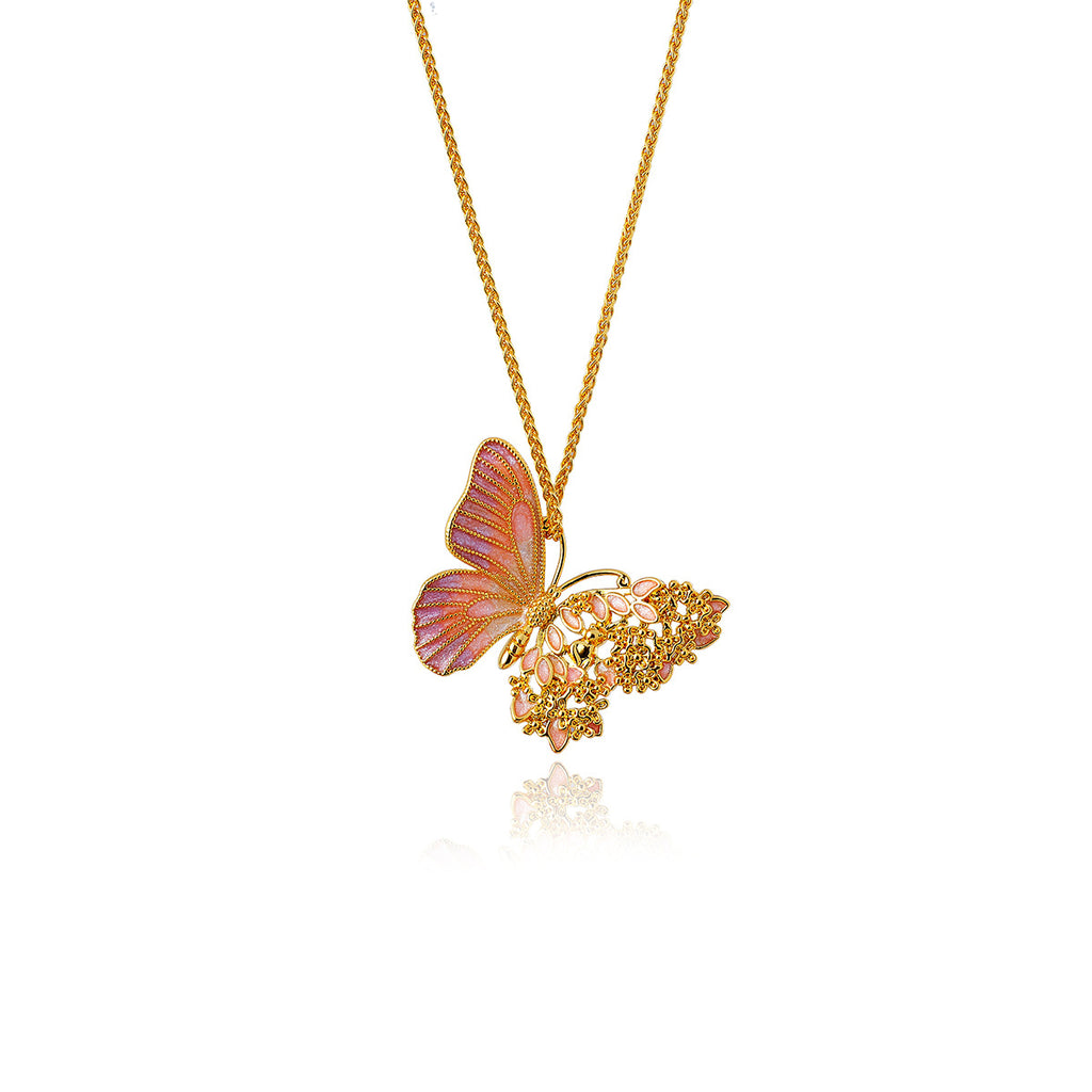 Real Gold Plated Light Luxury Osmanthus Half-Sided Butterfly Pendant New Chinese Style Dreamy Blossom Butterfly Necklace