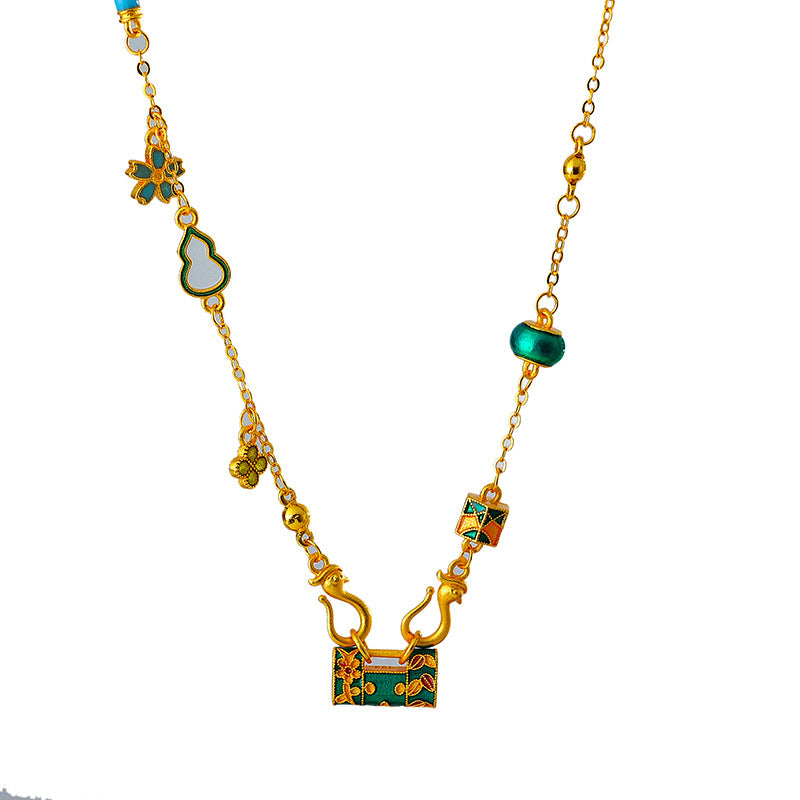 Gold Color Burnt Blue Wealth Flower Peace Lock Necklace for Women Vintage New Chinese Style Enamel Lock Bag Pendant Collarbone Chain