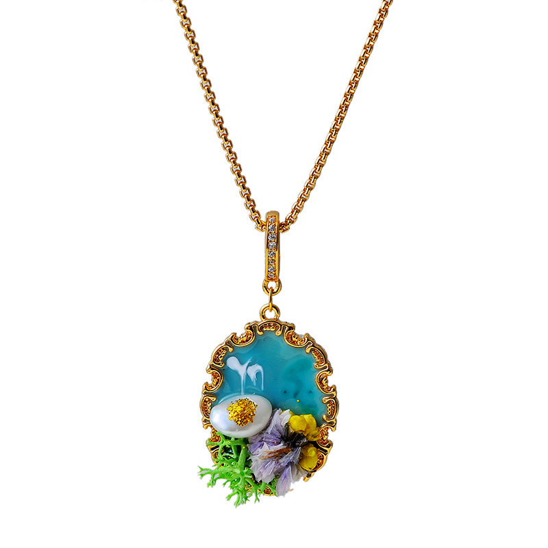 New Chinese Style Retro National Style Oil Painting Pearl Necklace Earrings Flower Fashion Collarbone Chain Pendant