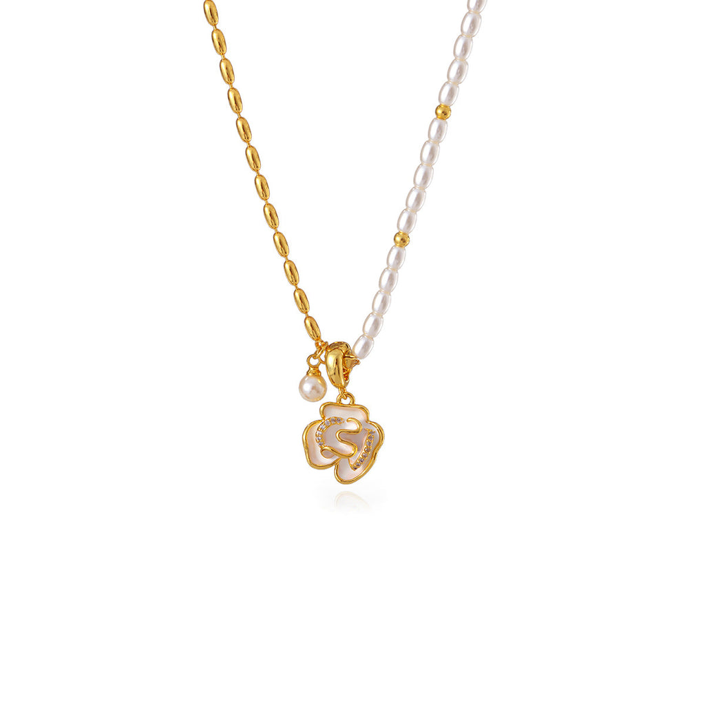 Real Gold Plated Exquisite Flower Pearl Pendant Asymmetric Chain Necklace High-end Niche