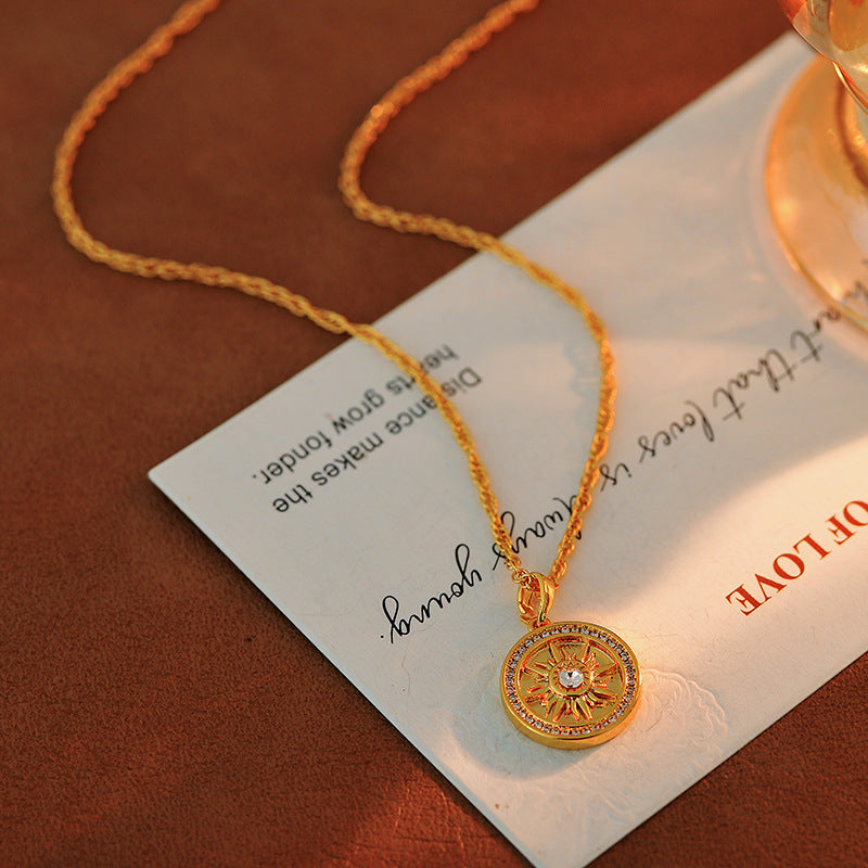Traditional Inlaid Diamond Round Sunflower Gold-Plated Necklace for Women, New Autumn Winter Sweater Chain, Light Luxury High-End Feel