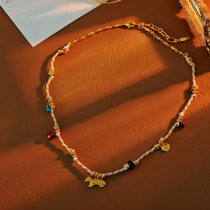 Colorful Braided Rope Pony Elephant Necklace Unique Niche Design High-end Simple Exotic Ethnic Style Layered Wear Gift