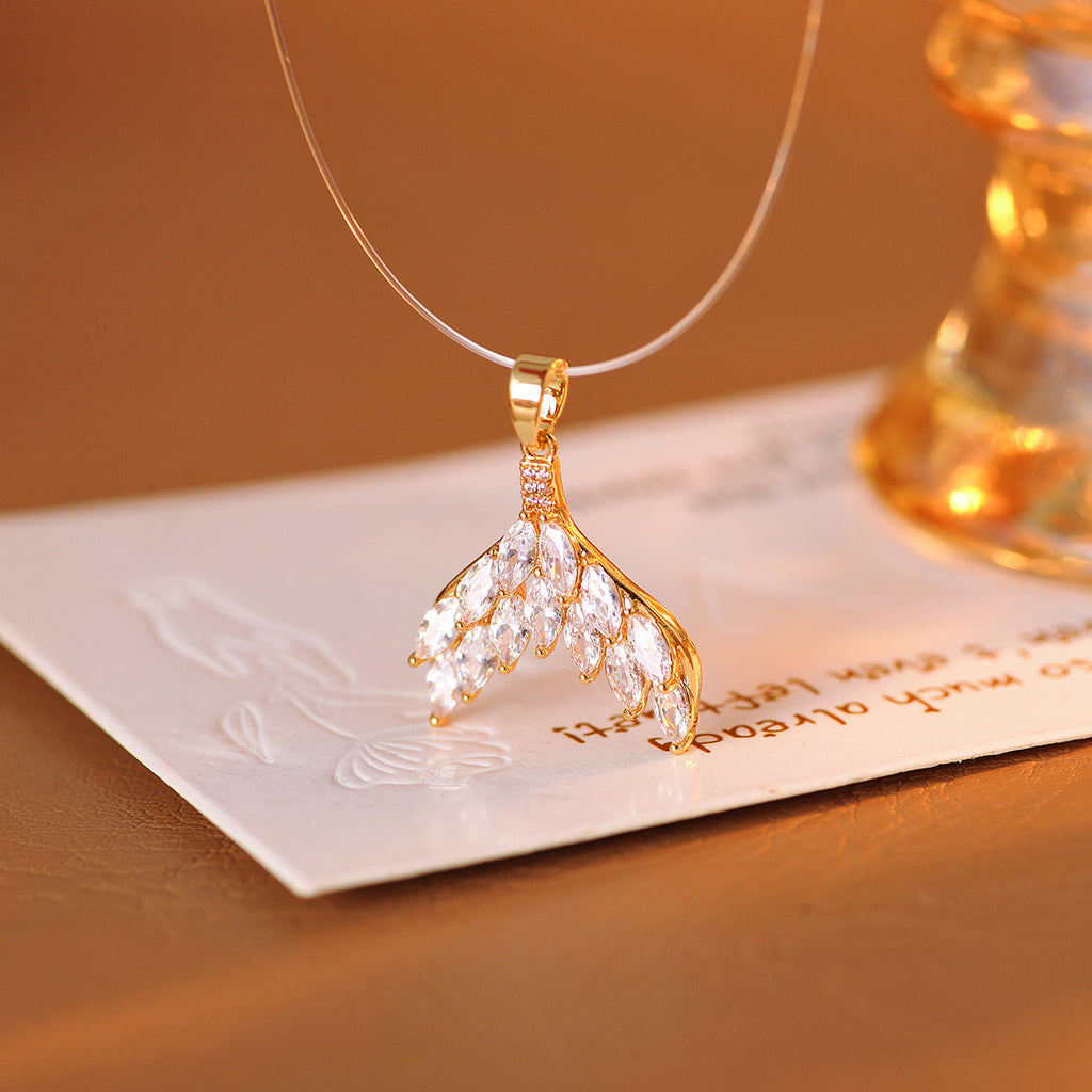 Fishtail Fish Line Necklace Earrings Pink Diamond Fishtail Fashion Necklace Elegant Personality Exquisite Collarbone Chain