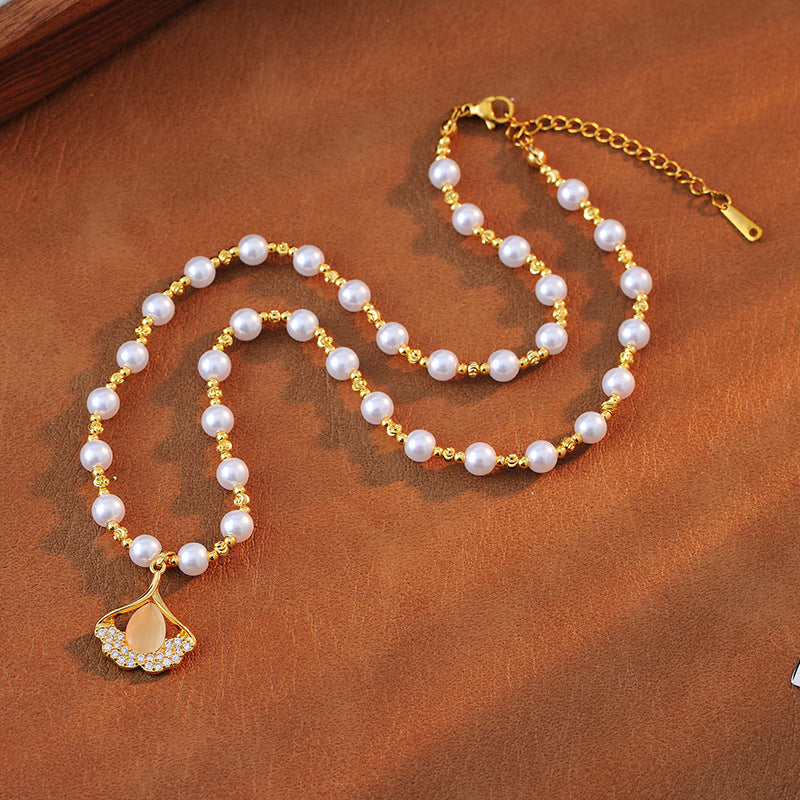 Super Shiny Three Lives Three Worlds Ginkgo Leaf Bead Necklace for Women, High-End Feel, Internet Celebrity Hot Item, Light Luxury, Versatile Necklace for Women