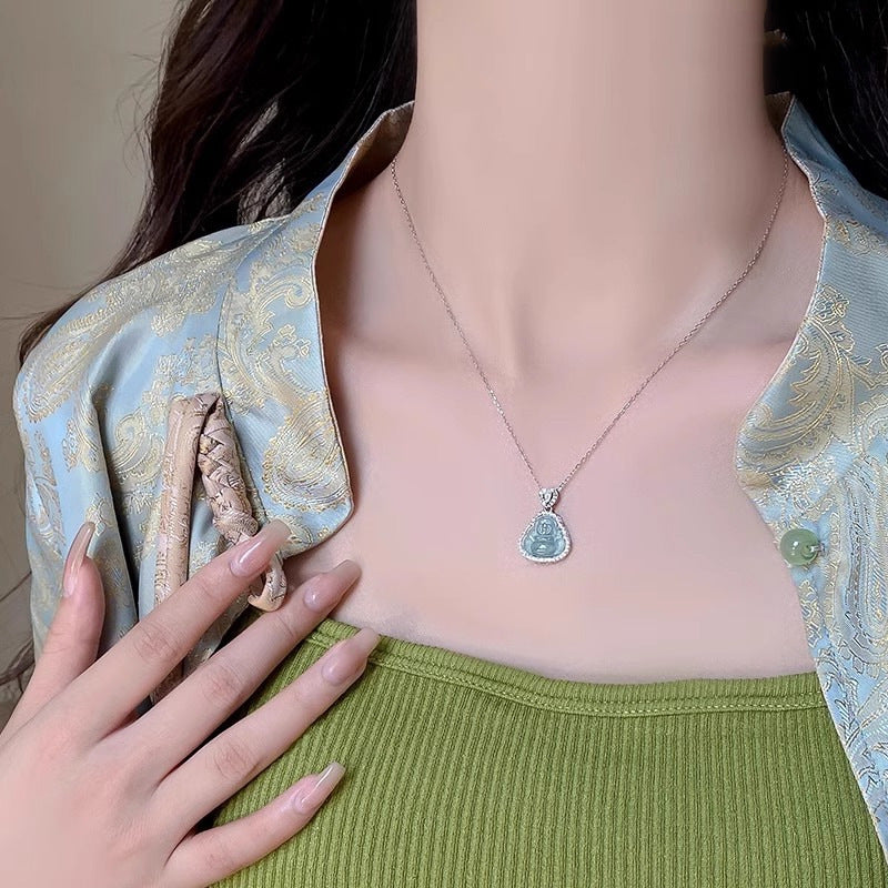 New Chinese Style Buddha Pendant Necklace Niche Design Fashion Simple Light Luxury High-end Versatile National Style Collarbone Chain Accessory