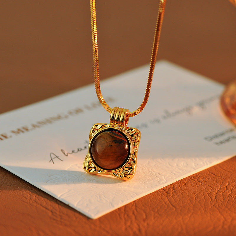 Milad Natural Tiger Eye Stone Necklace Pearl Sweater Chain Light Luxury High-End Feel Autumn Winter Versatile New Hot Item