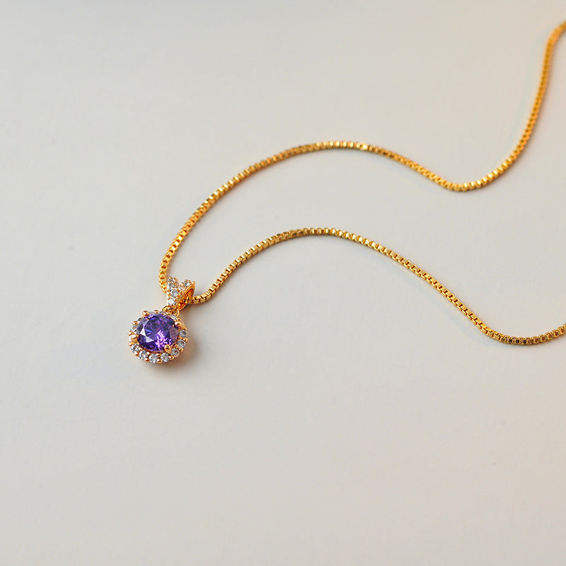 Japanese and Korean Style Internet Celebrity Four-Claw Inlaid Craft Purple Zircon Niche New Design Pendant Elegant Necklace