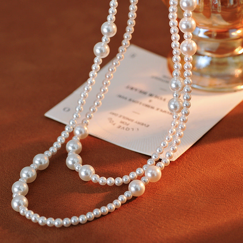 Autumn Winter Trendy Korean Style Elegant Fashion Large and Small Pearl Irregular Spaced Long Multi-layer Stacked Necklace Sweater Chain