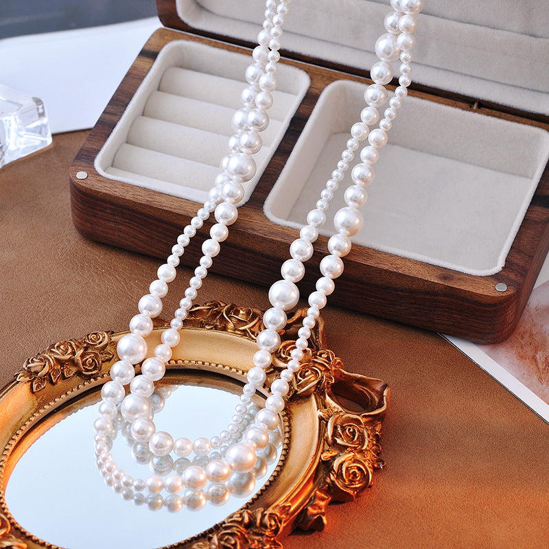 Imitation Shijia O-shaped Buckle Pearl Sweater Chain High Glossy Perfect Round Multi-layer Stacking High-end Vintage Long Elegant Necklace