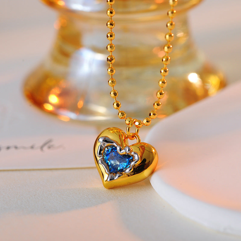 Blue Ocean Heart Love Necklace for Women High-End Versatile Collarbone Chain Pendant