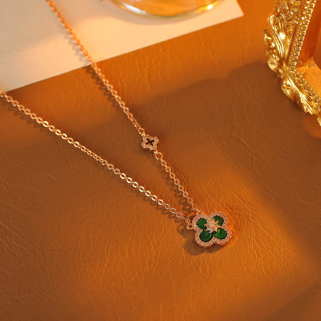 Korean Style Full Diamond Lucky Four-Leaf Flower Necklace for Women, Light Luxury High-End Niche Collarbone Chain Accessory Choker