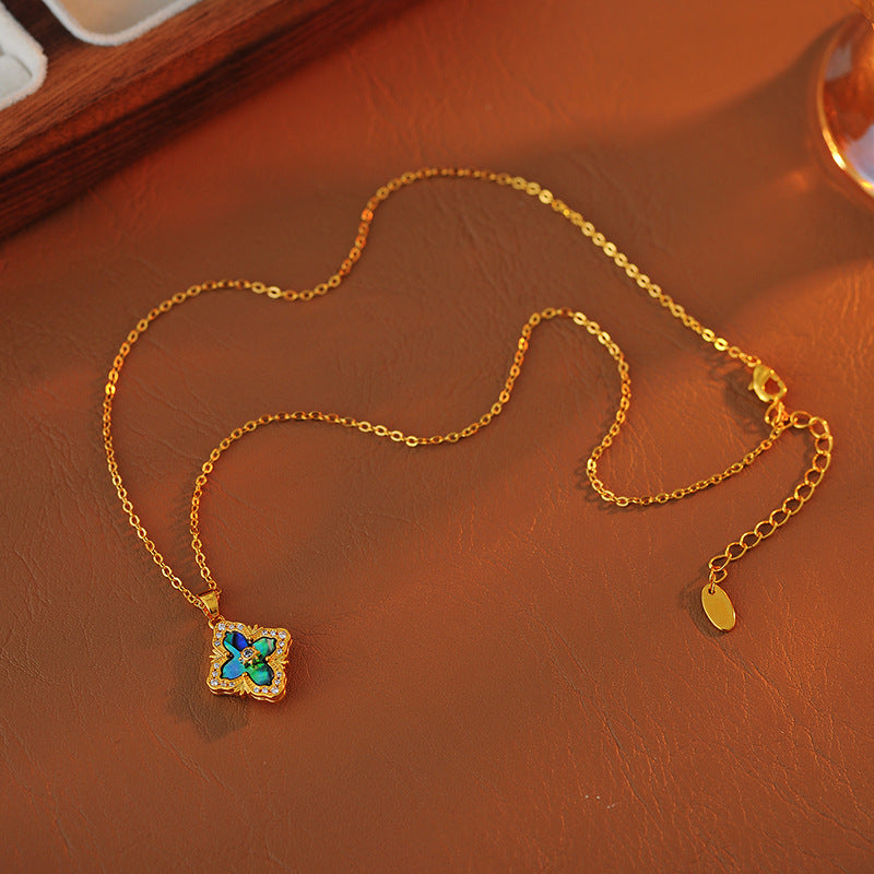 Italian Four-Leaf Clover Necklace Earrings for Women Brushed Vintage Palace Style Inlaid Collarbone Chain Niche Versatile Earrings