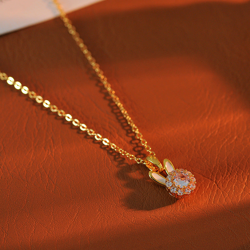 Sweet Fresh Cute Rotatable Rabbit Necklace Light Luxury Niche Super Flash Full Diamond Clavicle Chain