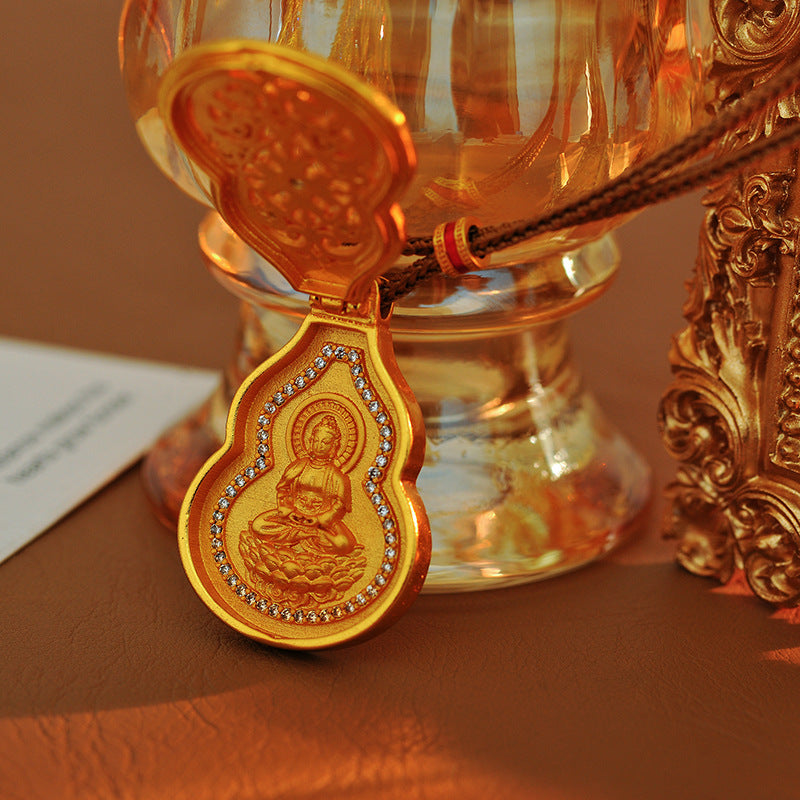 New Chinese Style Ancient Method Hollow Gourd Necklace with Inlaid Diamonds Guanyin Blessing Pendant Three-Dimensional New Light Luxury Non-Fading Pendant