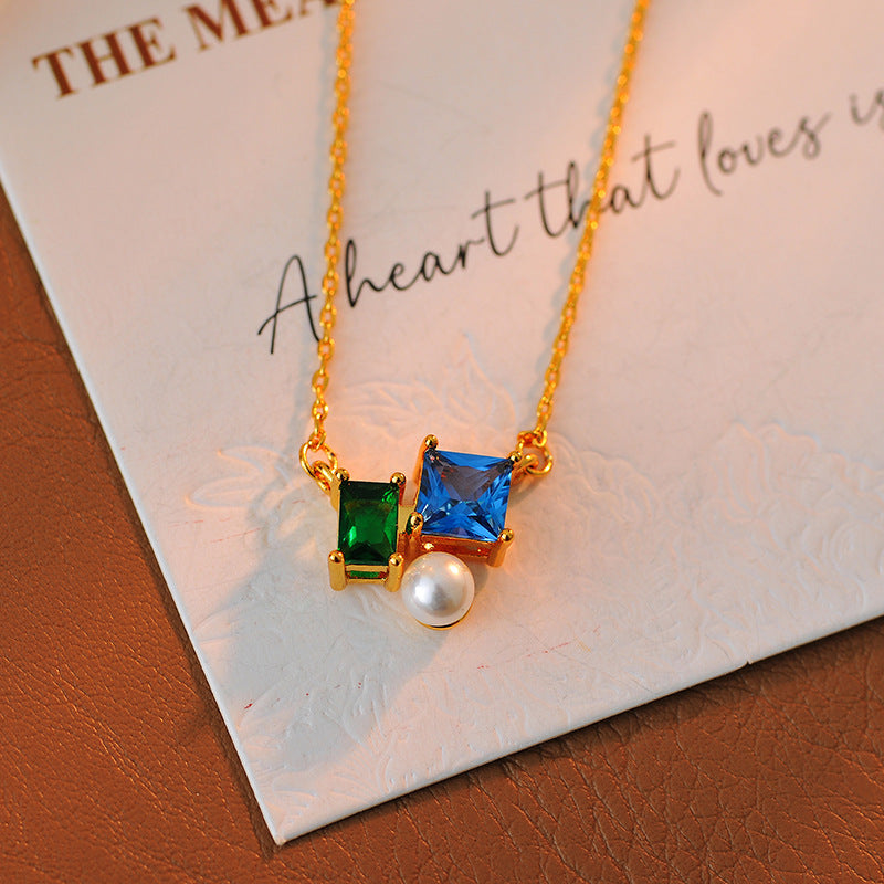 Fashionable Light Luxury Retro Colorful Zircon Pearl Exquisite Geometric Simple Metal Fashion Versatile Necklace