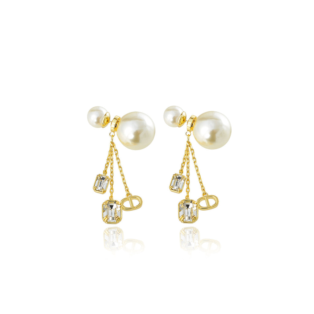 New Square Diamond Pendant Earrings Pearl Necklace Chain Clavicle Chain High-end Versatile Fashion New Style