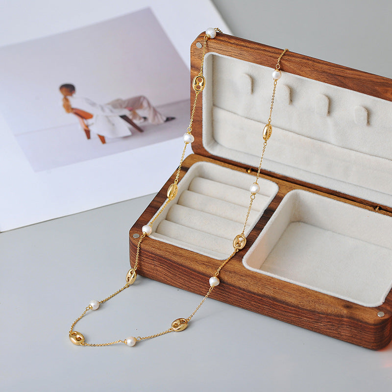 Real Gold Plated Pig Nose Pearl Necklace Fashion Versatile Collarbone Chain Light Luxury High-end Sense Jewelry