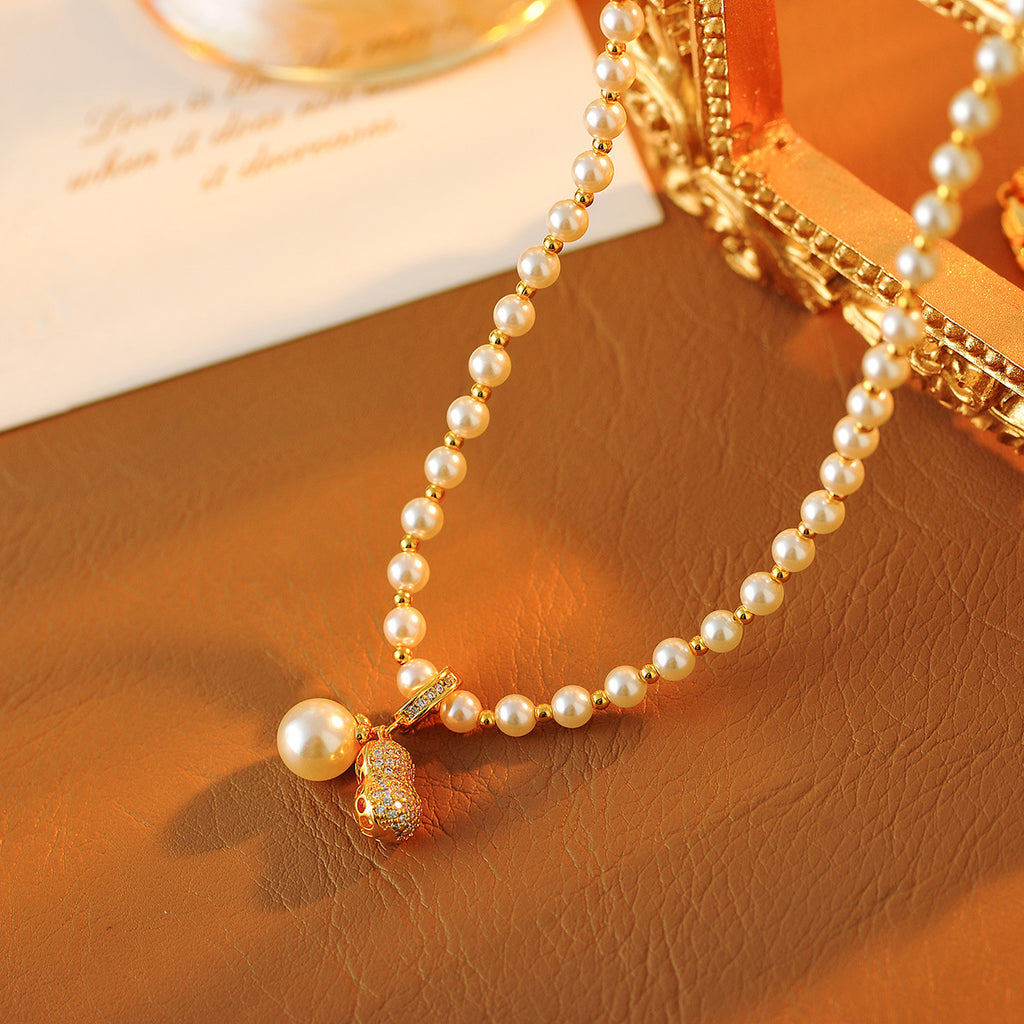 2025 New Real Gold Plated Good Things Peanut Pearl Necklace Light Luxury Niche Versatile Collarbone Chain for Women