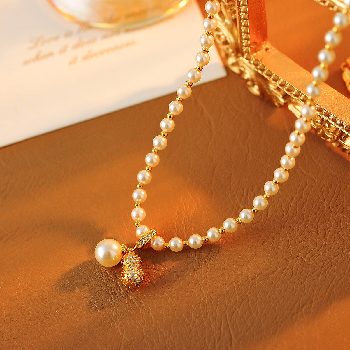 2025 New Real Gold Plated Good Things Peanut Pearl Necklace Light Luxury Niche Versatile Collarbone Chain for Women