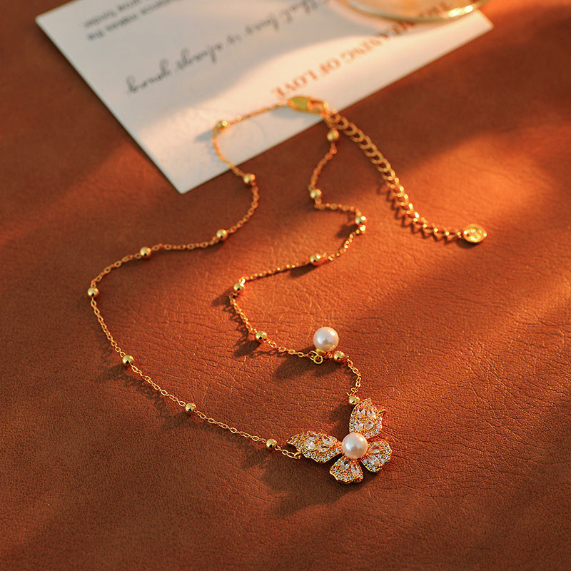 Fashion Versatile Pearl Necklace for Women, High-End Elegant Light Luxury Zircon Butterfly Collarbone Chain, Minimalist Style Neck Chain Accessory