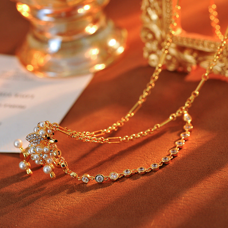 European and American Jewelry Creative Personality Sparkling Diamond Fun Cute Pearl 3D Dog Shape Necklace