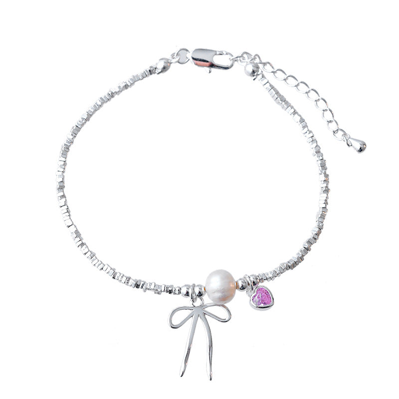 New Bowknot Pearl Pink Zircon Bracelet Necklace for Women Simple Handmade Design Silver Fragment Jewelry Collarbone Chain