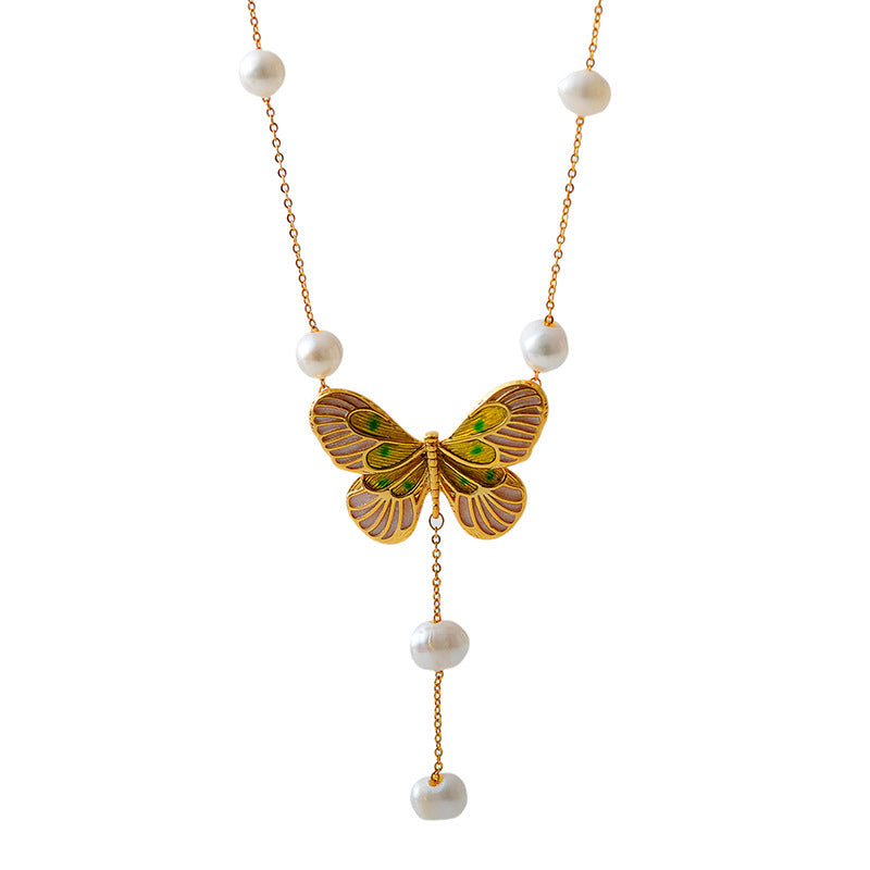 Falan Color Super Fairy Niche Design Simple Forest Style Butterfly Exquisite Baroque Pearl Simple Necklace