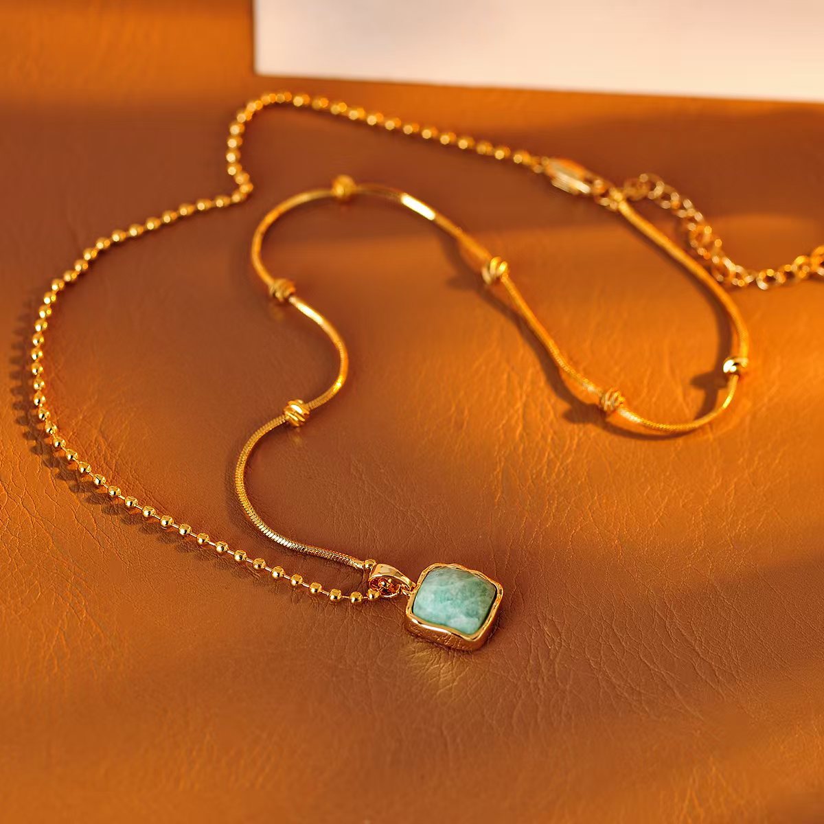 Niche Design Blue Green Square Pendant Necklace Earrings Vintage Versatile High-end 2025 New Neck Chain