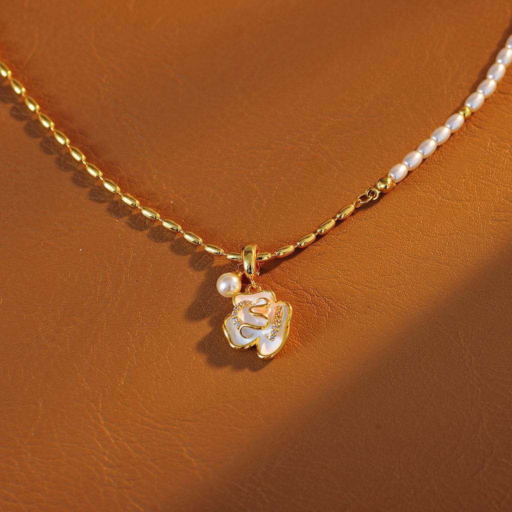 Real Gold Plated Exquisite Flower Pearl Pendant Asymmetric Chain Necklace High-end Niche