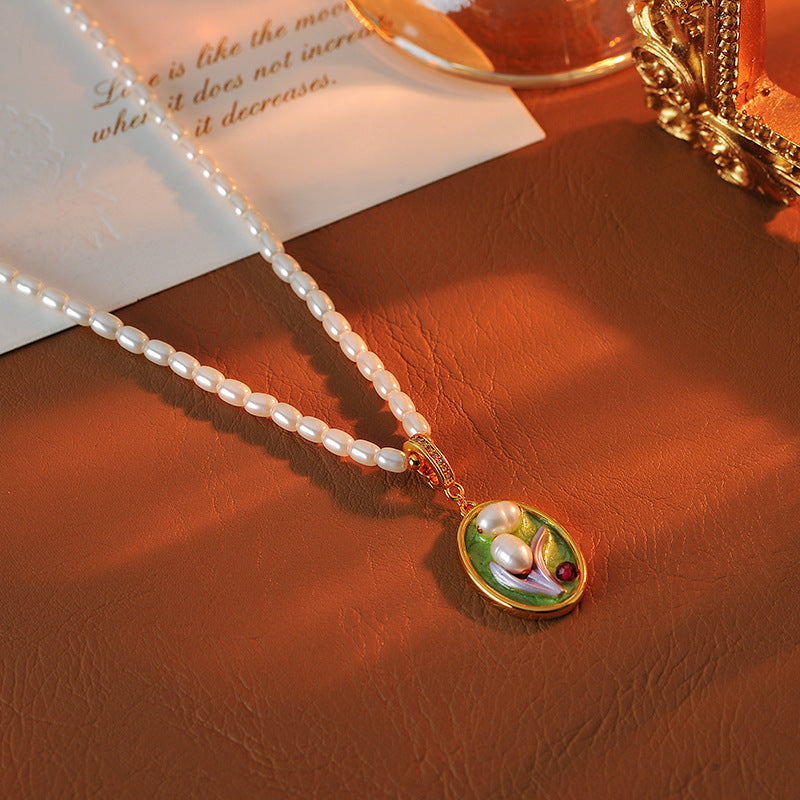 Oil Painting Baroque Pendant Necklace for Women New Chinese Style National Style Light Luxury Niche Artistic Retro Natural Pearl Collarbone Chain