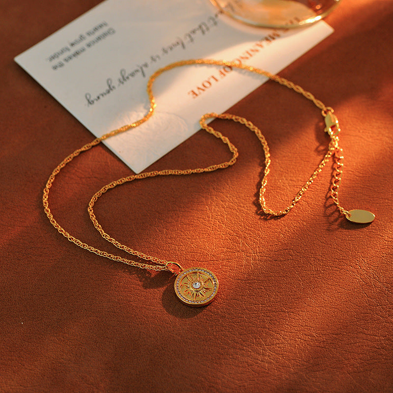 Traditional Inlaid Diamond Round Sunflower Gold-Plated Necklace for Women, New Autumn Winter Sweater Chain, Light Luxury High-End Feel