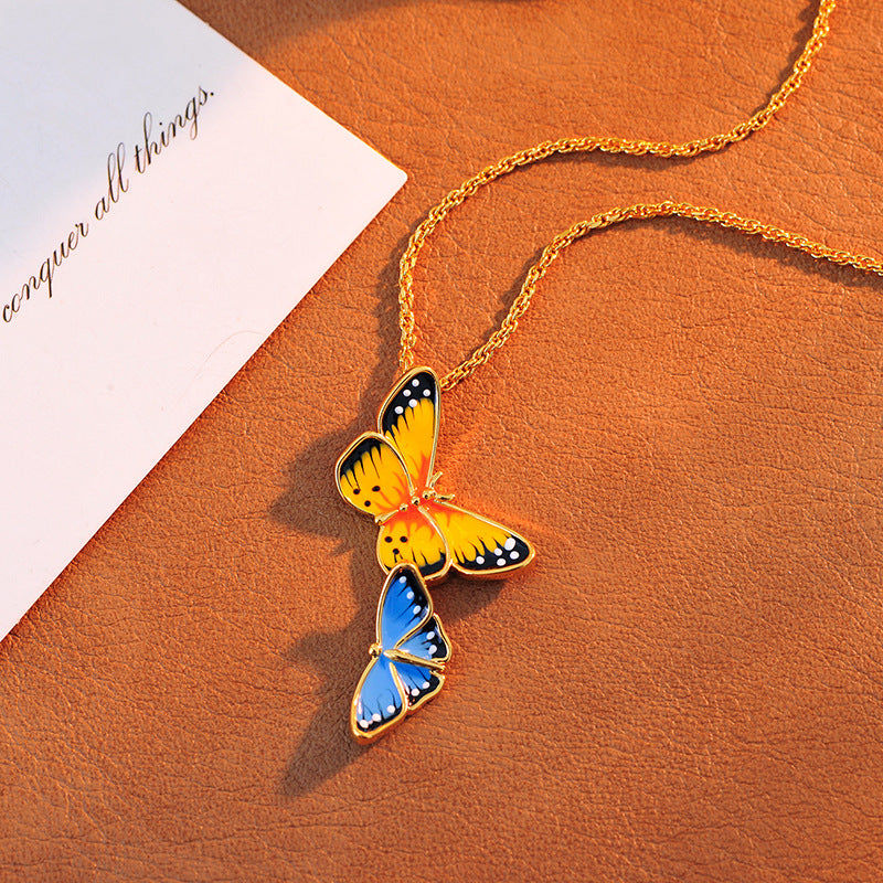 European and American Enamel Color Glaze Sweet Romantic Double Butterfly Pendant Aesthetic Temperament Necklace