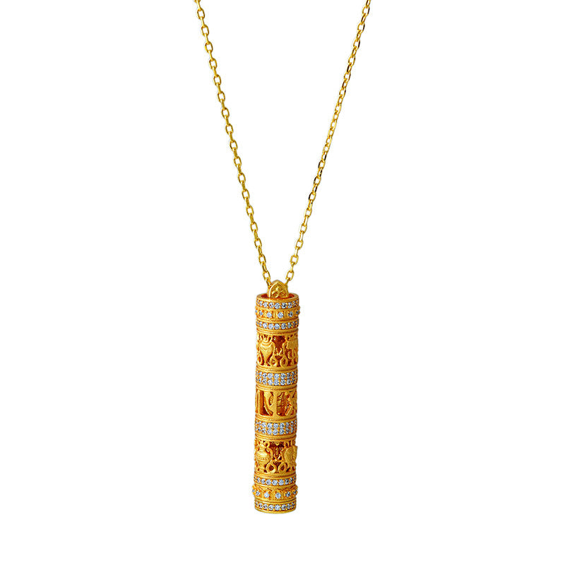 New Chinese Style Ancient Method Hollow Carved Inlaid Cylinder Necklace Eight Styles Portable Gold Buddha Necklace Prayer Wheel for Men and Women Couples