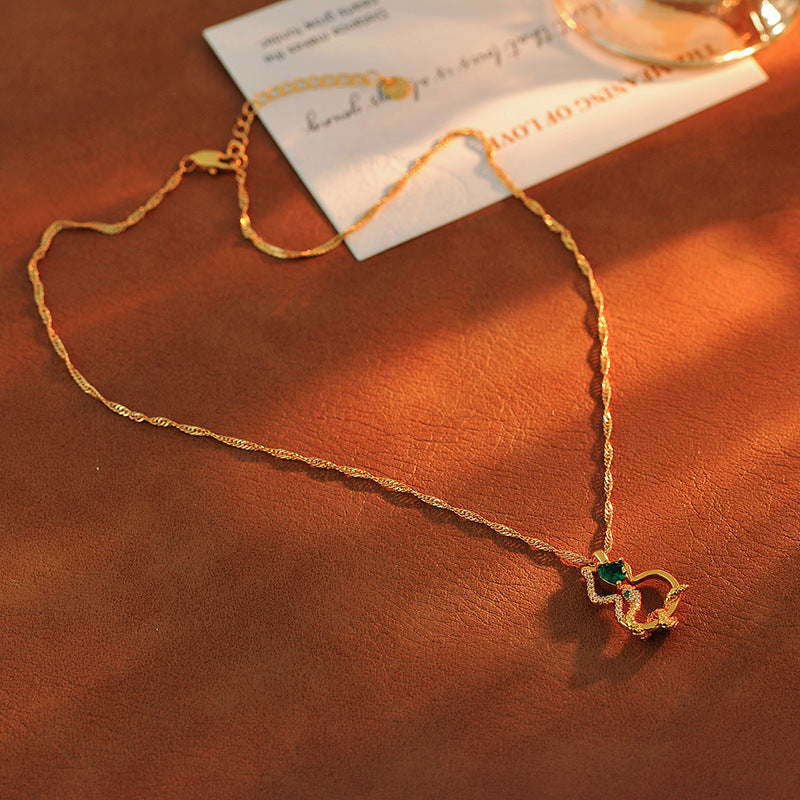 National Style New Chinese Style Emerald Zircon Gourd Necklace Simple Elegant Braided Chain Full of Fortune Sweater Chain New Year