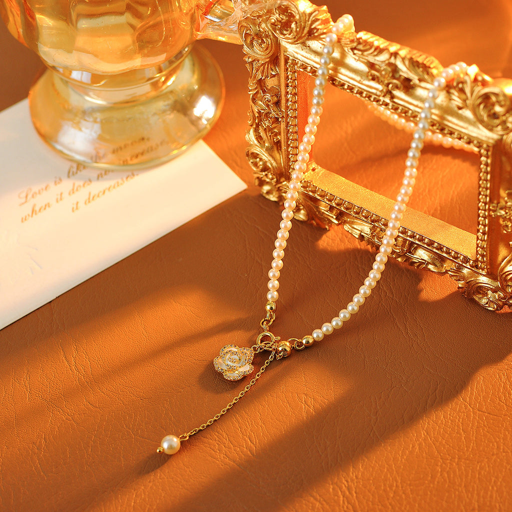 French Style Pearl Necklace for Women, Niche Design with Camellia Tassel Pendant, Clavicle Chain, Light Luxury Fashion