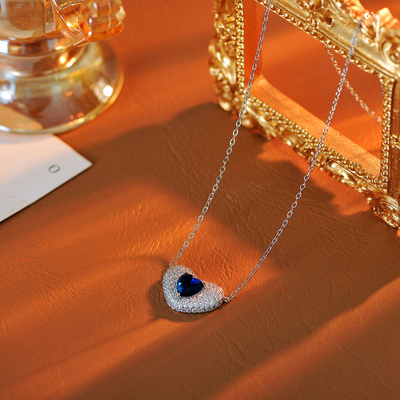 European and American Fashion Blue Heart Adjustable Necklace for Women Full Diamond Heart-Shaped Collarbone Chain Exquisite Elegant Jewelry