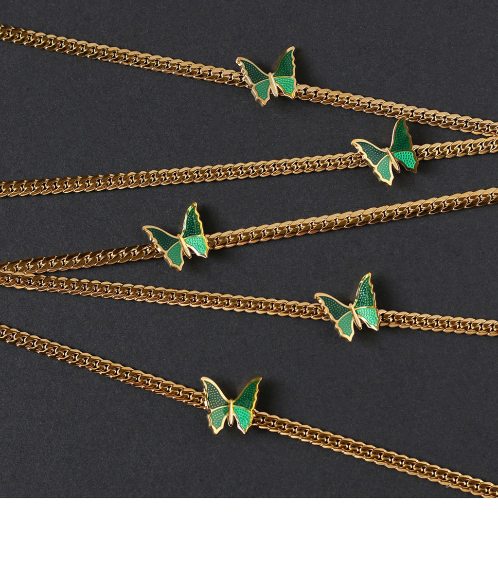 Vintage Style Green Butterfly Choker Necklace Cuban Necklace Collarbone Chain Titanium Steel 18K Gold Plated Non-Fading