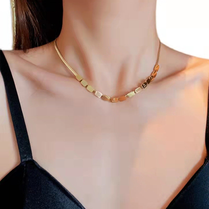 Minimalist Personality Design Small Square Snake Bone Chain Necklace for Women Ins Trend Light Luxury Niche Collarbone Chain Short Neck Chain