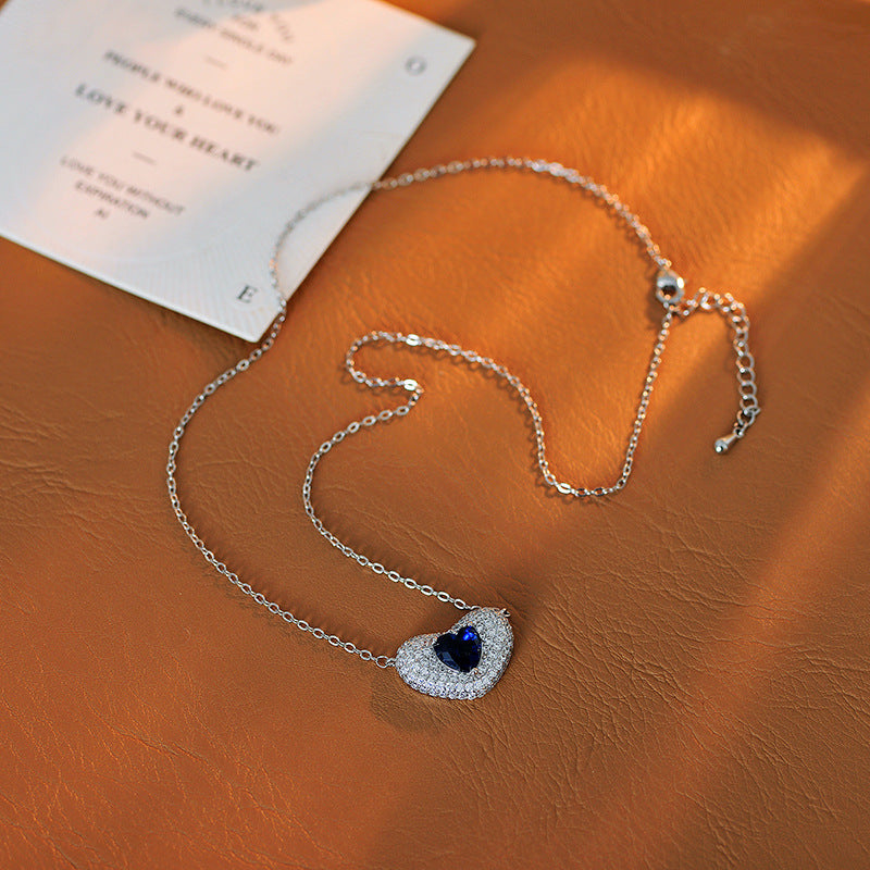 European and American Fashion Blue Heart Adjustable Necklace for Women Full Diamond Heart-Shaped Collarbone Chain Exquisite Elegant Jewelry
