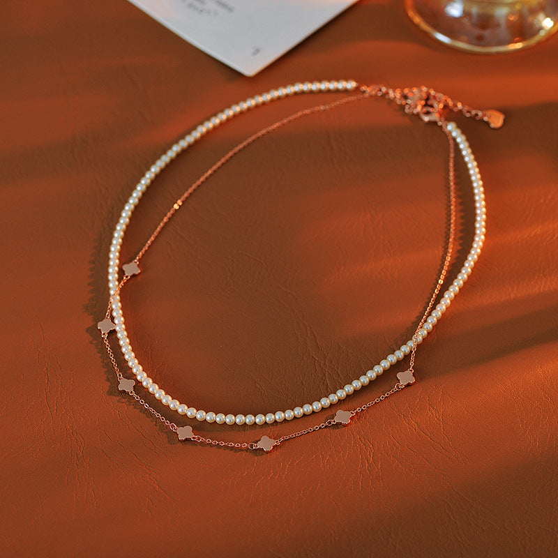 Graceful Luxury High-End Pearl Layered Necklace Personality Versatile Four-Leaf Clover Elegant Luxurious Exquisite Niche Design