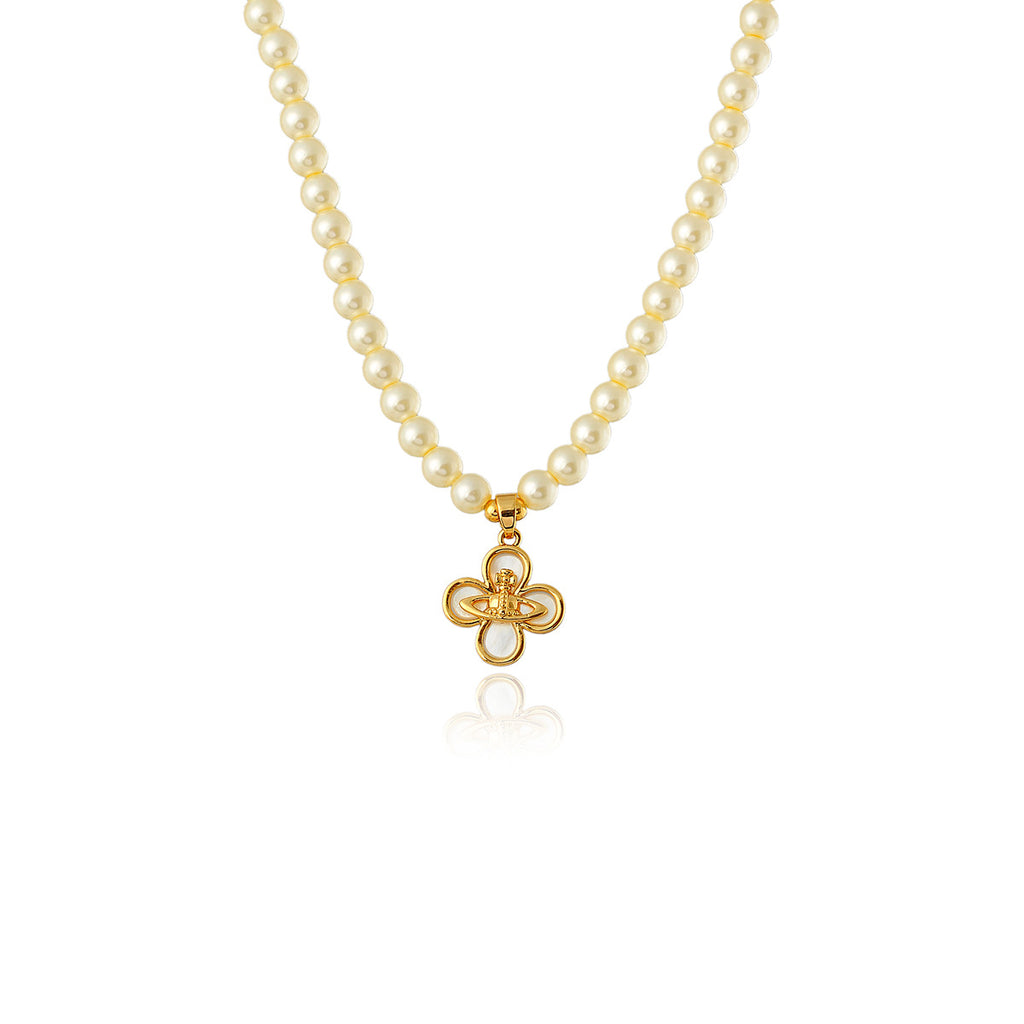 Saturn Flower Four-Leaf Clover Pearl Necklace Light Luxury Style High-End Design Collarbone Chain Elegant Necklace