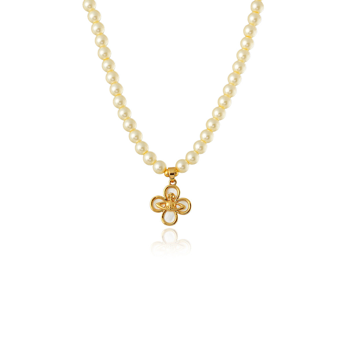 Saturn Flower Four-Leaf Clover Pearl Necklace Light Luxury Style High-End Design Collarbone Chain Elegant Necklace