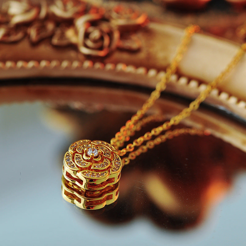 Copper Gold-Plated French Gentle Flower Earrings Necklace Light Luxury Simple Zircon Collarbone Chain High-End Feel A10184