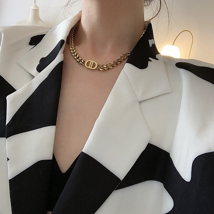 Heavy Industry High-Quality Thick Chain Gold Letter Titanium Steel Necklace for Women European and American Ins Internet Celebrity Hip-Hop Short Clavicle Chain Bracelet