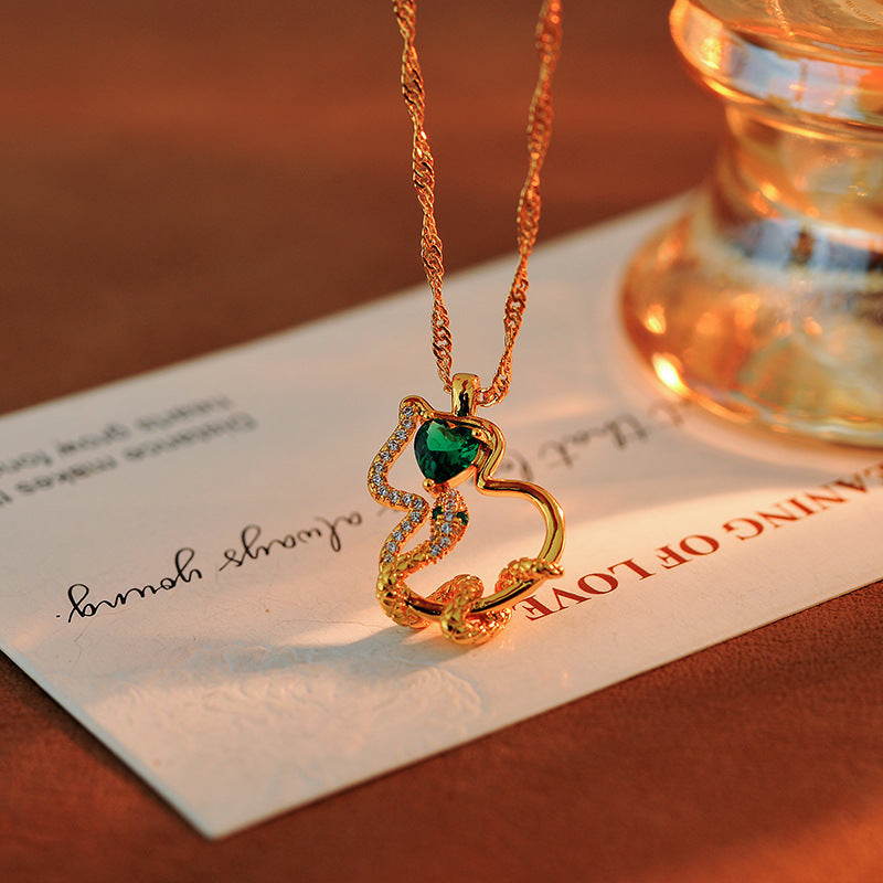 National Style New Chinese Style Emerald Zircon Gourd Necklace Simple Elegant Braided Chain Full of Fortune Sweater Chain New Year