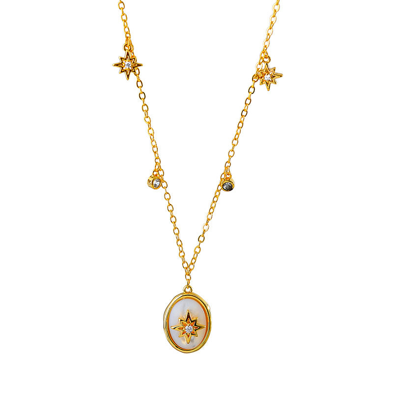 European and American Light Luxury Retro Necklace Oval Natural Mother-of-Pearl Eight-Pointed Star Necklace High-End Jewelry