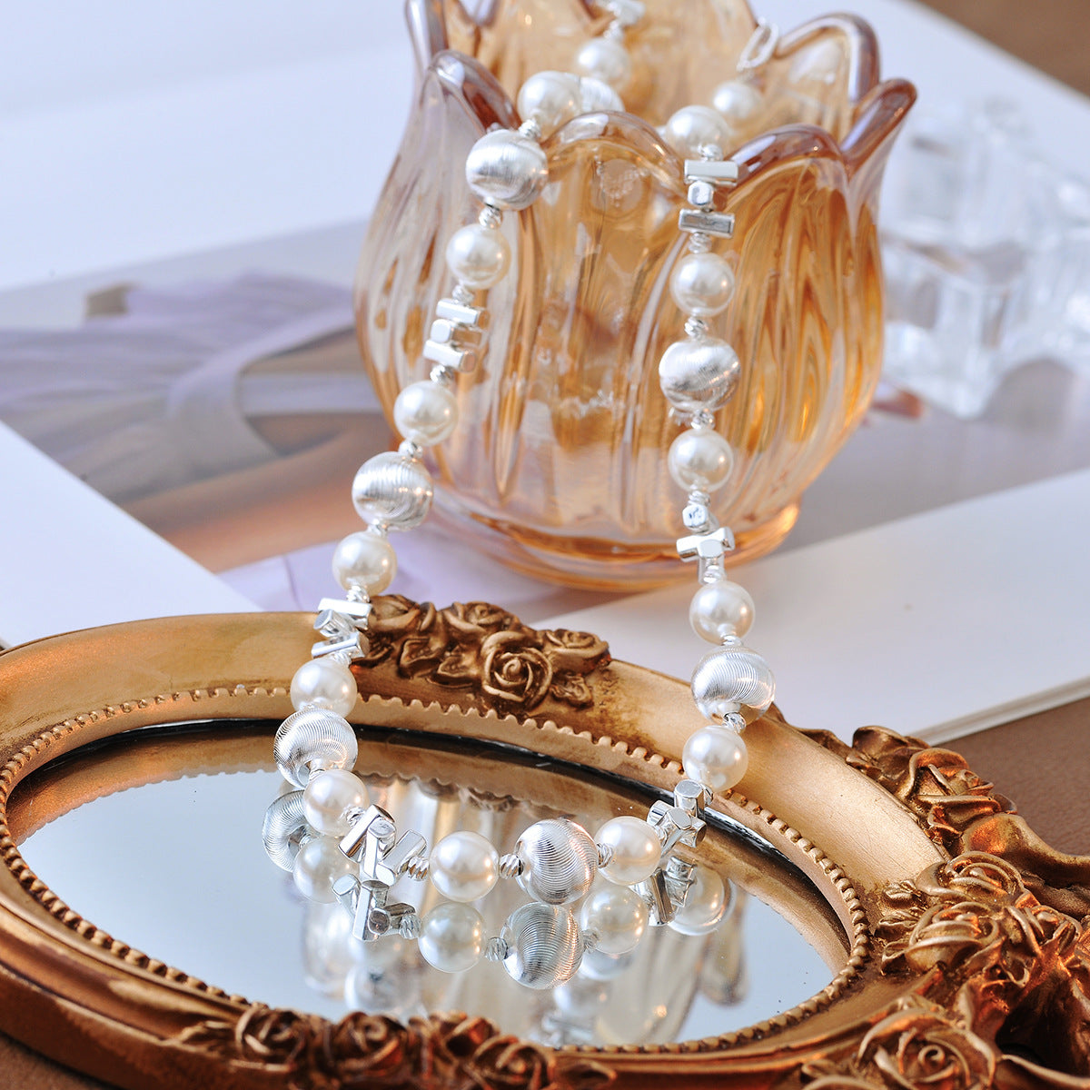 New Fashion Pearl Fragment Silver Necklace Chain National Style Design Sense Temperament Personality Choker