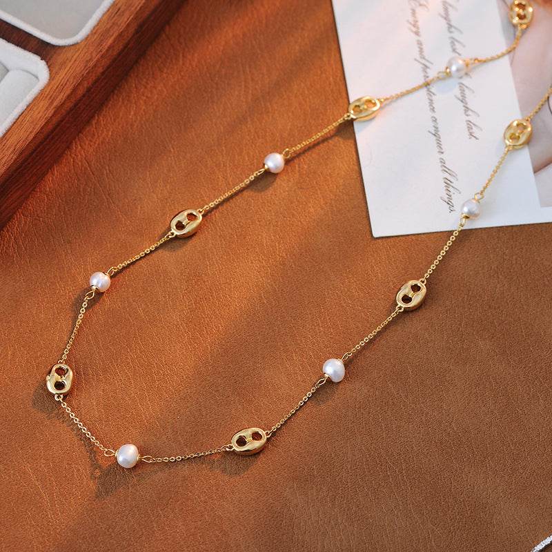 Real Gold Plated Pig Nose Pearl Necklace Fashion Versatile Collarbone Chain Light Luxury High-end Sense Jewelry